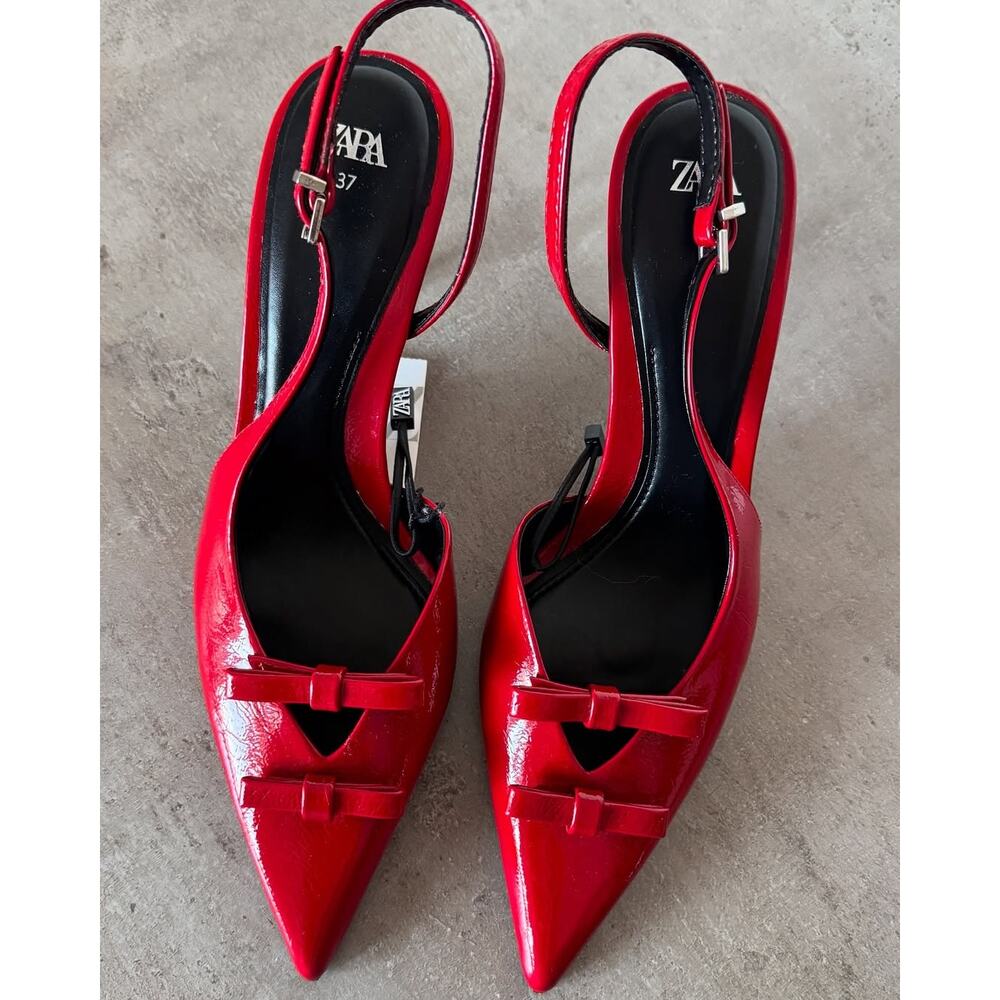 Zara Red Bow Slingback Heels Pointed Toe NWT - Picture 7 of 16